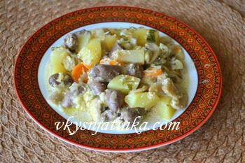 Готовая картошка тушеная с куриными сердечками и грибами